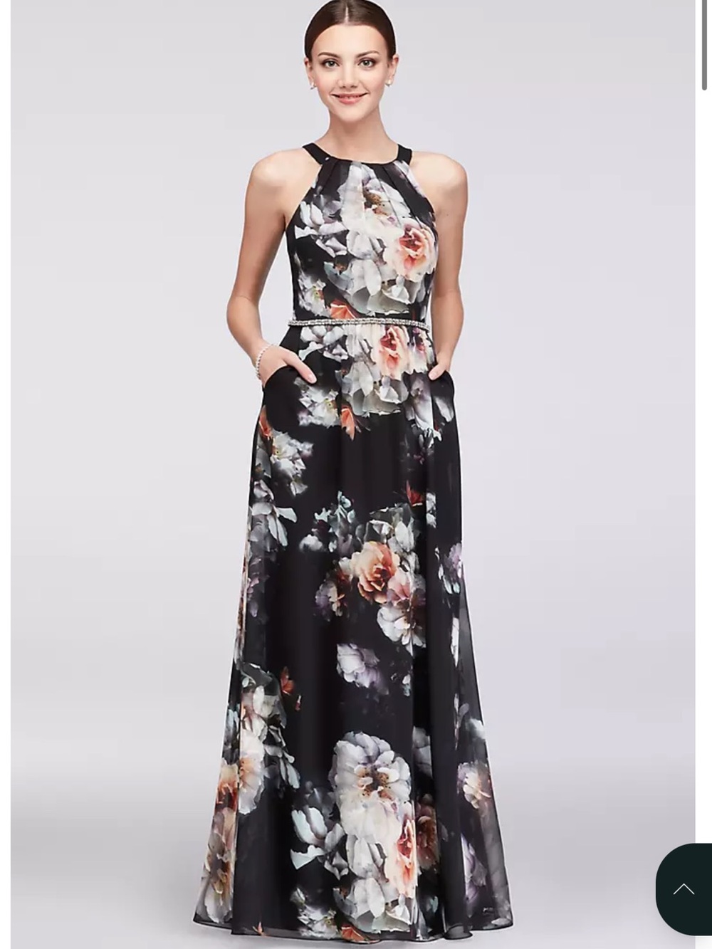 SLNY Women's 8 Printed Round Neck Lined Chiffon Gown with Beaded Waist